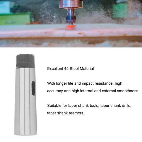 Morse taper drill sleeve by ANKROYU; silver body with dark top, shown with drill in operation.