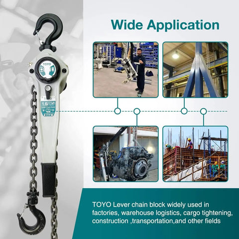 Lever Chain Hoist 3500 Lbs 20 Ft With G80 Alloy Chain And 2 Heavy Duty Hooks shown in multi-use applications