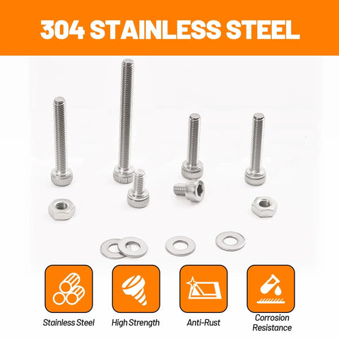1110-Piece M3 Stainless Steel Socket Head Screw And Nut Kit With Hex Drive Cap Screws From 4 To 30 Millimeter, washers visible