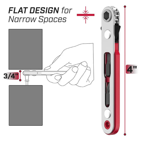 Diagram of Compact Magnetic 1/4in Mini Ratchet Wrench with 90 Degree Right Angle Screwdriver, highlighting flat design for tight spaces.