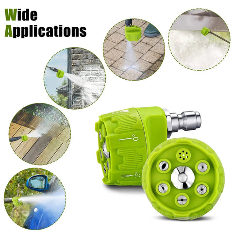 Image of a 2 Pack Six In One Pressure Washer Nozzles with Quarter Inch Quick Changeover and Adjustable Plug Connect Up to 4000 PSI. Shows diverse cleaning applications on concrete, siding, and car.