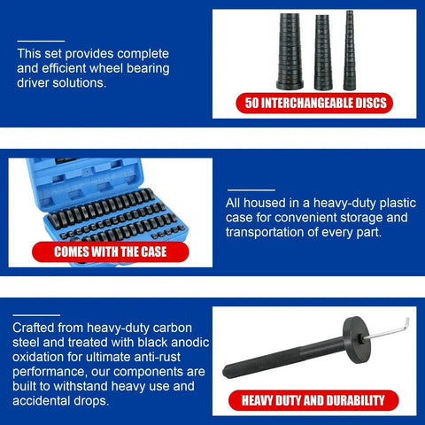 52 In 1 Master Bushing Tool Set with storage case and 50 interchangeable discs, featuring durable heavy-duty carbon steel components.