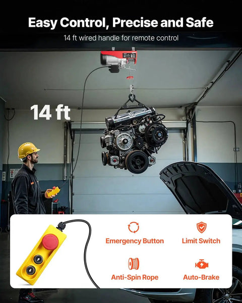 Electric Hoist 880 Lb Capacity With 14 Ft 110V Wired Remote And 20 To 40 Ft Lift holding an engine in a garage.