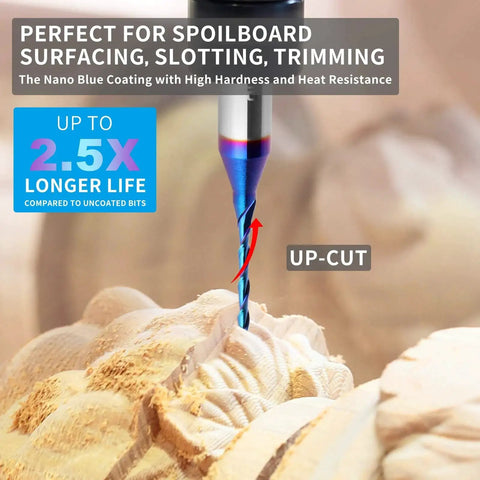 Upcut Spiral Router Bit With One Quarter Inch Shank And One Sixteenth Inch Cutting Diameter Solid Carbide Blue Nano Coated CNC Router Bit For Wood Carving And Engraving Built For DIYers And Pros Alike EANOSIC cutting wood