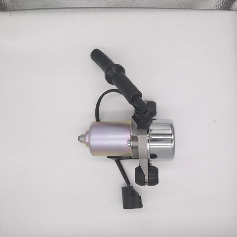 12V brake booster vacuum pump with installation kit; silver motor housing, black wiring harness, side view