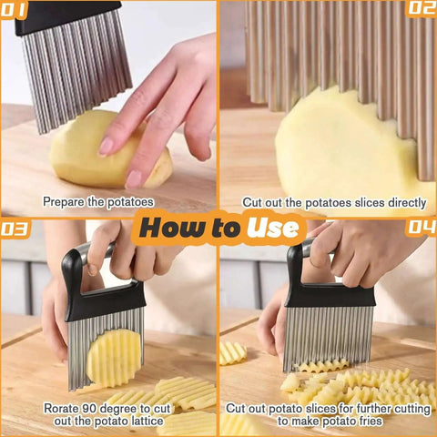 Crinkle Cutter For Veggies And Potatoes Large Waffle Fry Cutter With Built In Peeler Stainless Steel 304 Veggie Slicer shown in use.