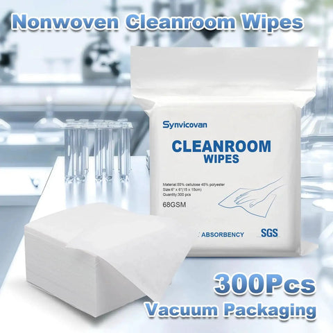 Cleanroom Wipes 6 By 6 300 Pcs Lint Free Grade A 68 GSM 55 45 Blend packaging and stack display