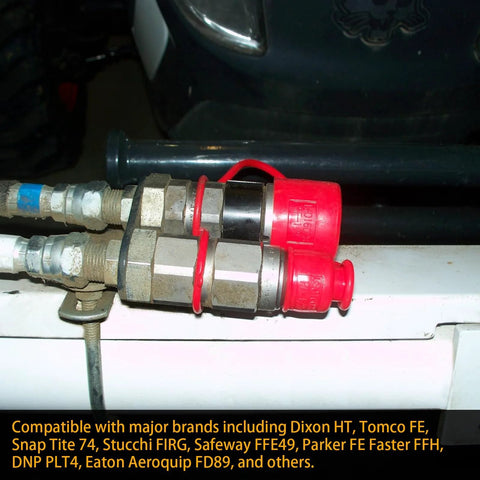Two red rubber dust caps for 1/2-inch flat-face hydraulic quick-connect couplers.