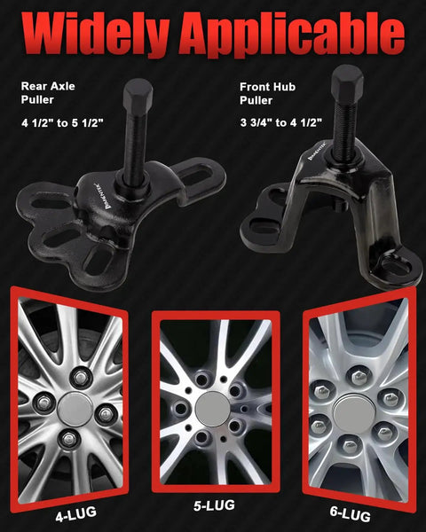 Nine Way Slide Hammer Puller Set For Front Wheel Hub Removal And Rear Wheel Axle Extraction showing rear axle and front hub pullers