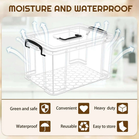 Filament Storage Box For 3D Printer With Reusable Desiccants, Clear Plastic Dryer Bin, moisture and waterproof features, arrows.