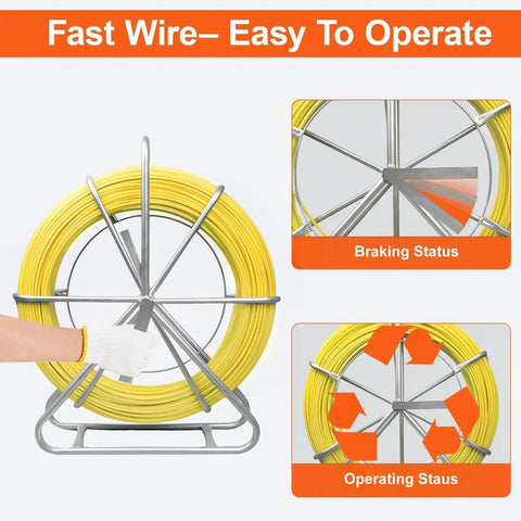 Heavy Duty Pro Grade Fiberglass Duct Rodder Fish Tape 6mm x 500ft Cable Puller with Durable Steel Stand, shown in operation.