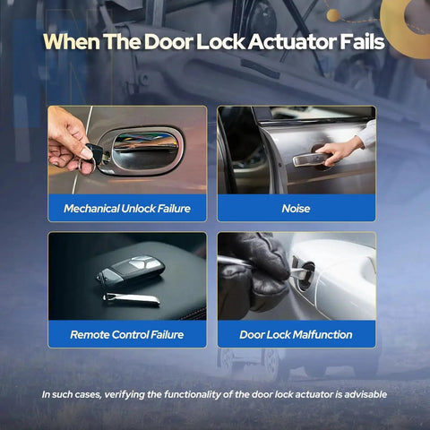 Infographic showing common door lock actuator failures like mechanical unlock, noise, remote control issues, and malfunctions.