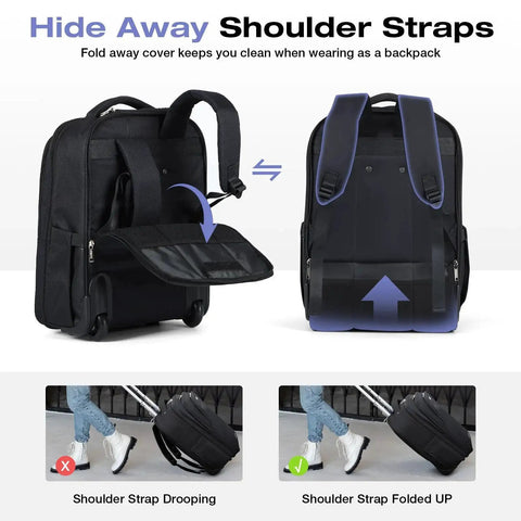Hideaway shoulder straps on Go To Rolling Backpack Carry On With Wheels For Adults, 18 Inch Laptop Ready, Waterproof 50L Travel Bag