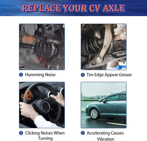 Four signs of CV axle issues: humming noise in engine, tire edge grease, steering wheel clicking, accelerating vibration.