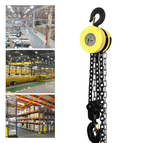 4400 Lb Capacity Chain Hoist With 2 Ton Manual Hand Chain Block, 10 Ft Lifting Height, shown in warehouse settings