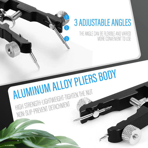Watch Band Tool Kit With Pro Grade Spring Bar Pliers And 10 Tips Tweezers Set for watch repairs, aluminum alloy pliers shown.