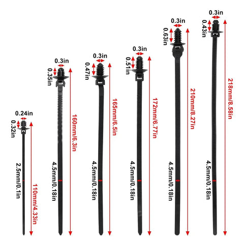 60 Pack Push Mount Zip Ties Nylon Cable Ties For Wire Harnesses Black Snap In Car Mount Ties Automotive Fasteners Durable Nylon Heat Resistant 6 Types Great For DIY Projects showing six different sizes and dimensions.