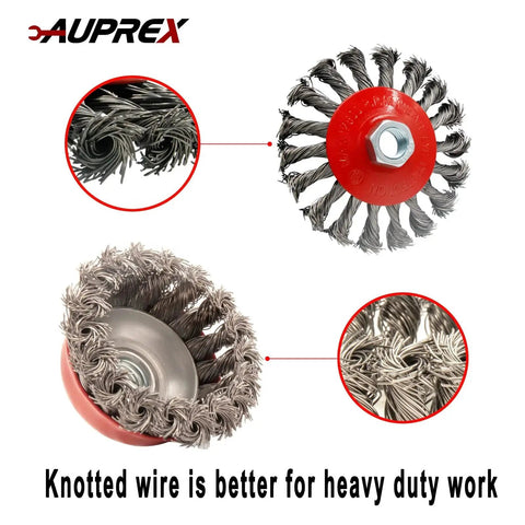 Four Pack Wire Wheel And Cup Brush Set For Four And A Half Inch Angle Grinder With Five Eighths Inch Eleven Threaded Arbor Heavy Duty Carbon Steel Brushes