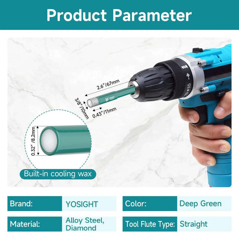 Three Eighths Inch Diamond Hole Saw for tile and glass, round shank, shown in cordless drill with measurement details.