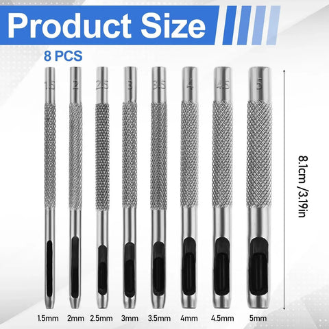 Leather Hole Punch Set 1.5mm-5mm For Belts And Leather Crafting, 8-piece steel hollow punches with measurements, Pro Grade 45 Steel