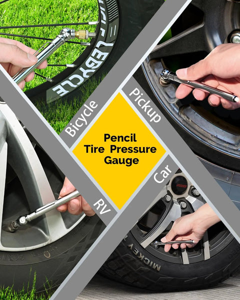 Pencil Tire Pressure Gauge 2-Pack with stainless steel body and deflator valve; used on bike, car, RV tires.