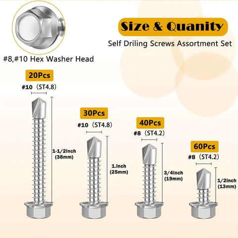Heavy Duty 150 Piece Self Drilling Screws Kit Stainless Steel Rust Resistant Hex Washer Head Tek Screws For Sheet Metal No Pre Drill
