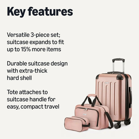 Versatile Three Piece Travel Set With 22 Inch Expandable Hardside Suitcase Eight Spinner Wheels 15 Inch Tote Bag And 10 Inch Compact Carry On Rose Gold Finish Durable Luggage Set For Weekend Getaways And Business Trips By Amazon Basics