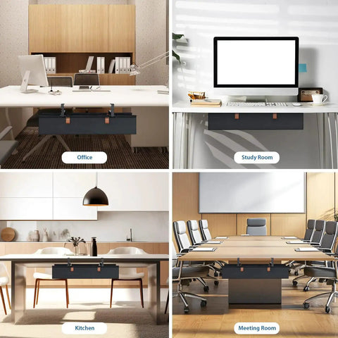 No Drill Under Desk Cable Management Tray 30 Inch Cord Organizer With Table Clamp Or Screw Mount installed in various room setups