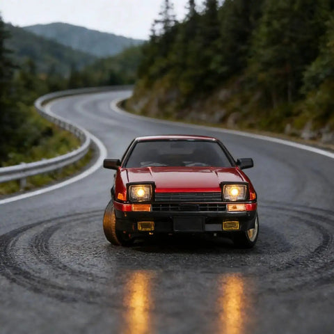 One Eighteen Scale RC Drift Car With Gyro Stabilization In Vintage Red on curving road