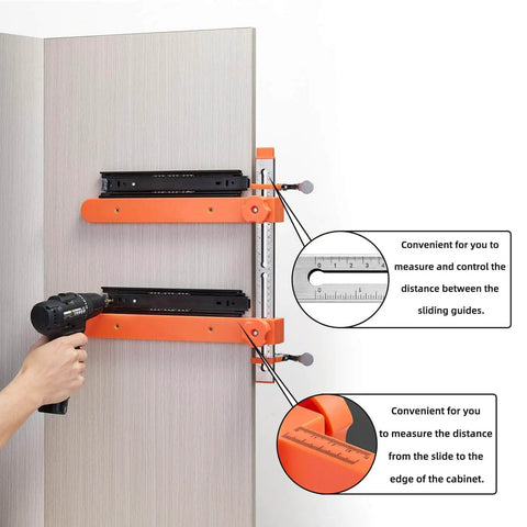 Slide Installation Jig With Toggle Clamp And Magnetic Arm Locator For Cabinets Faster Straighter And Smarter Drawer Installations On Side Mount And Undermount Slides Durable Cabinet Hardware Jig For Precise Clean High Quality Results in use for precise drawer slide alignment on a cabinet.