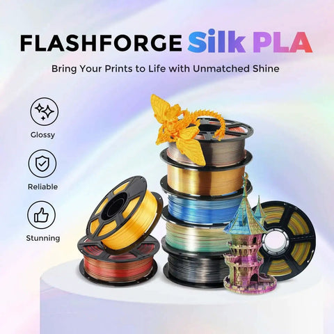 Flashforge Silk PLA spools in various colors with dragon and castle figurines for 3D printing.