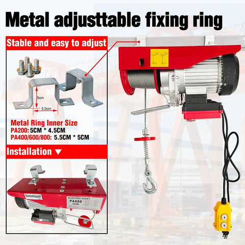 Two In One Electric Hoist Winch 1880lbs With 98ft Wireless And Wired Remotes, showing metal adjustable fixing ring and installation
