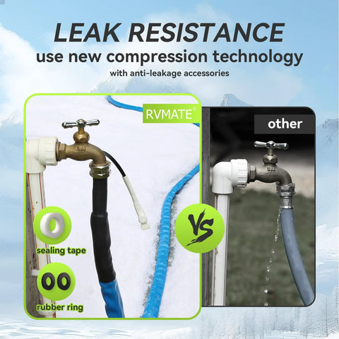 RVMATE heated RV water hose, 35 ft, energy-saving thermostat, brass fitting with white adapter, blue insulated hose.