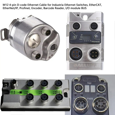 Various industrial machine connectors suitable for M12 D-coded Ethernet cable applications.