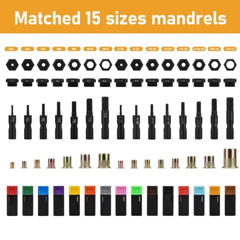 16 Inch Rivet Nut Tool Kit With 15 Mandrels And 300 Rivet Nuts Assortment For Metric And SAE Sizes components displayed