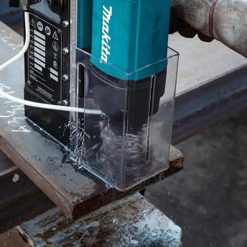 Portable Magnetic Drill For Steel With One And Three Eighths Inch Capacity And Two Inch Thick Cutting, A Real Workhorse With 850 RPM From A Ten Amp Motor, Lightweight And Compact For Tight Spaces, Removable Guard, Spindle Coolant System Makita HB350 drilling metal beam