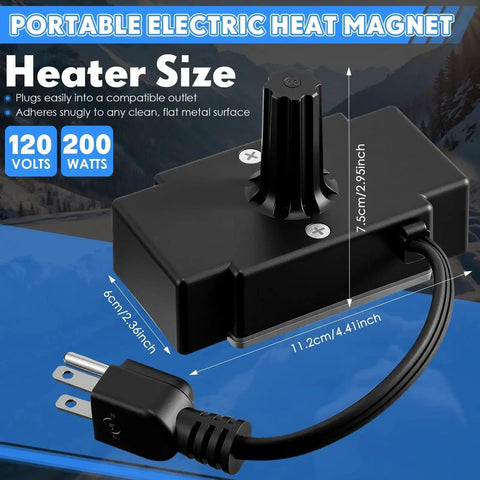 Portable Magnetic Engine Block Heater 120V 200W shown with plug, dimensions labeled, for small engines and oil pan warming