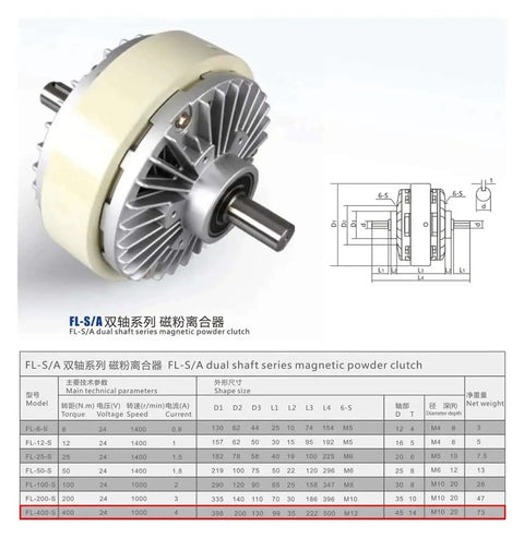 Beefy Magnetic Powder Clutch And Winding Brake For Tension Control In Bag Printing And Dyeing Machines Featuring 400Nm Torque 40Kg Load DC 24V Double Shaft Dual Axis Industrial Grade With Rock Solid Torque And Long Life, showing technical specifications and measurements