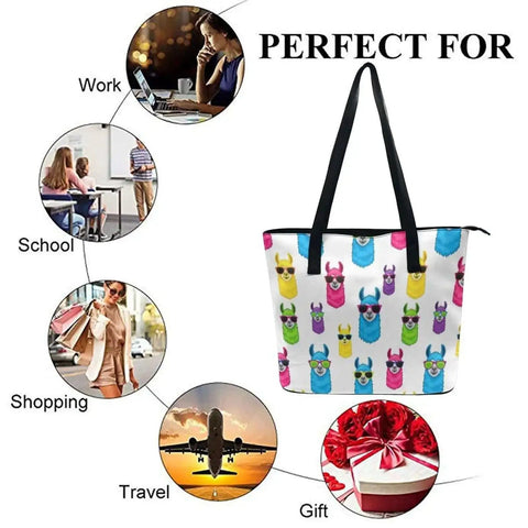 Everyday Leather Tote For Men And Women, Large Capacity Shoulder Bag With Zipper, Lychee Grain Leather, Casual Unisex Handbag Fits Tablet And More, Go-To Work Bag With Rainbow Llama Sunglasses Accent, 11.4 Inches Long