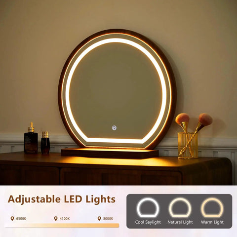 Wave Vanity Desk With Lighted Round Mirror And Modern Walnut Finish showing adjustable LED lights on a makeup table in a room