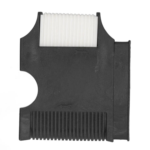 Front view of Kuuleyn 2-pack quick-connect boat fender hanger; black plastic body with white ribbed roller
