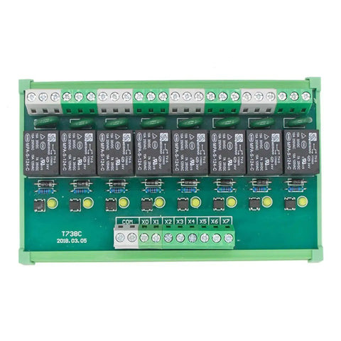 Top view of 8 Channel Relay Module for AC DC 12V PLC Control, DIN rail mountable, plug-and-play design with screw terminals.