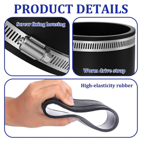 Four Pack 4 Inch Flexible Dust Collection Cuffs with PVC Rubber Vacuum Hose Connectors and Stainless Steel Clamps, product details.