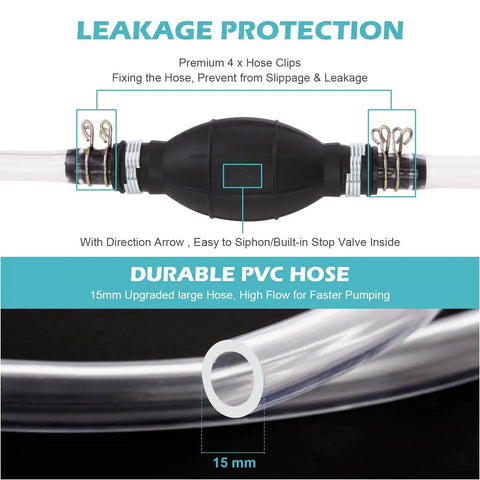 Manual Gas Siphon Pump For Water And Fuel Transfer With Two 15mm PVC Hoses showing leakage protection features and clips