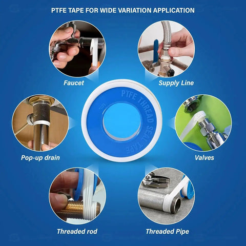 PTFE Plumbing Tape Half Inch By 1080 Inches Heavy Duty Pipe Thread Sealant for fitting various plumbing components.