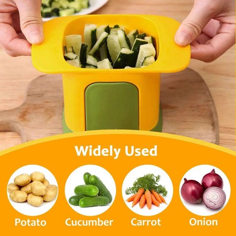 Crinkle Wave French Fry Cutter With Stainless Steel Blade Hand Powered Vegetable Chopper For Potatoes Cucumbers Carrots Onions And Fruits Quick Even Fries 0.47 Inch Cut Perfect for Home Kitchens HONSNKS showing sliced cucumbers