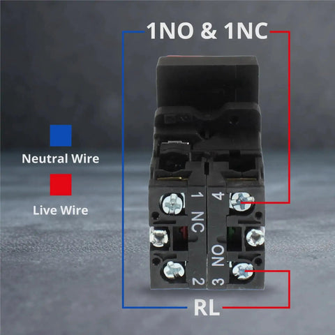 Back view of double head push button with signal lamp, showing 1NO 1NC contacts, 660V wiring connections for industrial panel mounts.