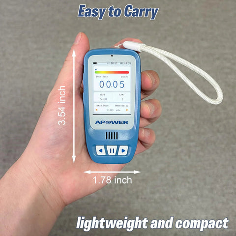 APOWER Geiger counter handheld dosimeter with LCD display, blue plastic body and wrist strap