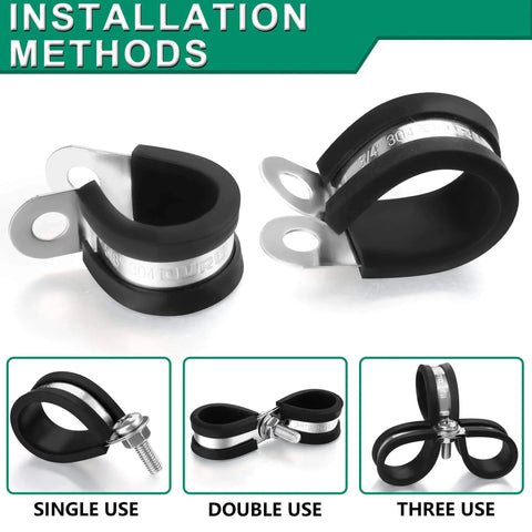 Half Inch Stainless Steel Rubber Coated Pipe And Wire Clamps Kit, 30 Pieces, Black, 13mm P Clamps with installation methods shown