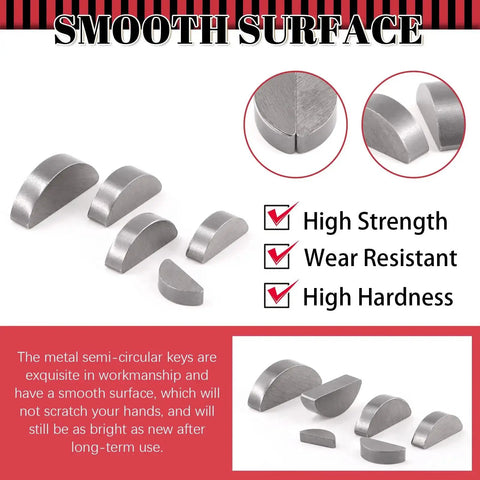 Woodruff Key Half Moon Assortment Kit 150 Pcs in 15 Sizes Carbon Steel Semicircle Keys with high strength and wear resistance.